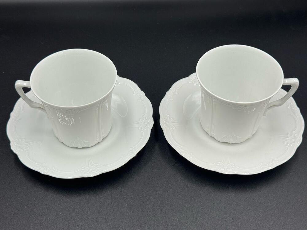 Alt Tirschenreuth 1838 Coffee Cups & Saucers – Set of 2 – White Embossed Baroque